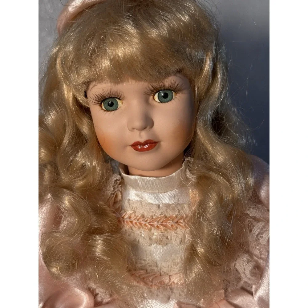 Lt Brown Hair Green Eyes Decorative Porcelain Doll Collection With Pink Outfit